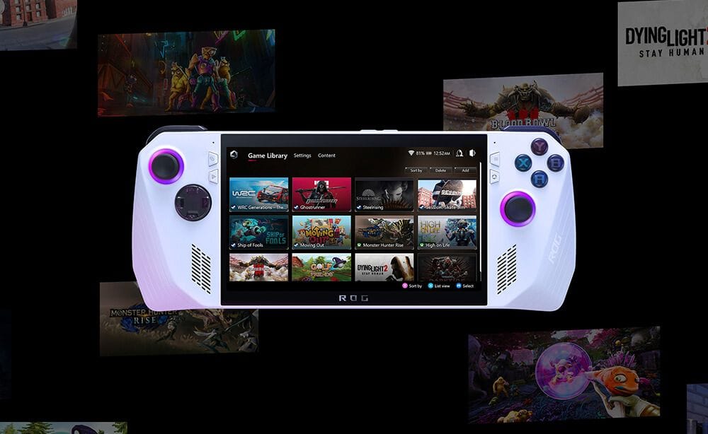 A closeup of the white handheld console Asus ROG Ally