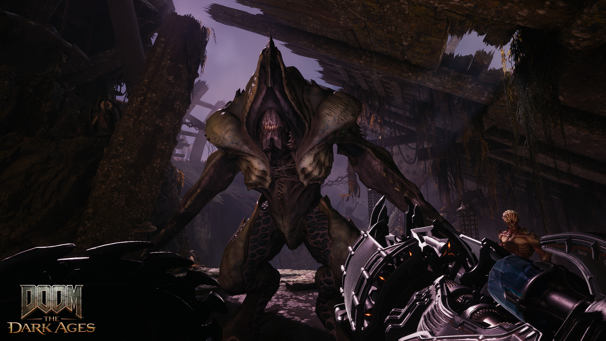 Render from Doom: The Dark Ages showing the player fighting a demon in a medieval wasteland