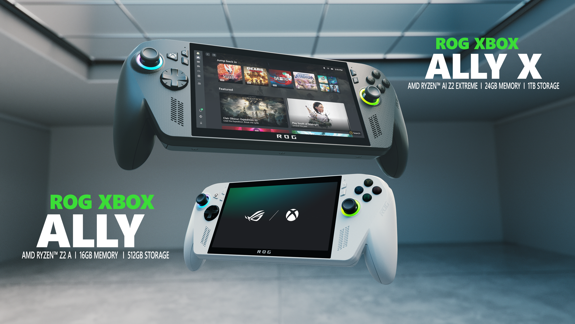 Two ASUS ROG Xbox Ally handheld gaming devices - white base model and larger X version with Xbox Game Pass interface shown