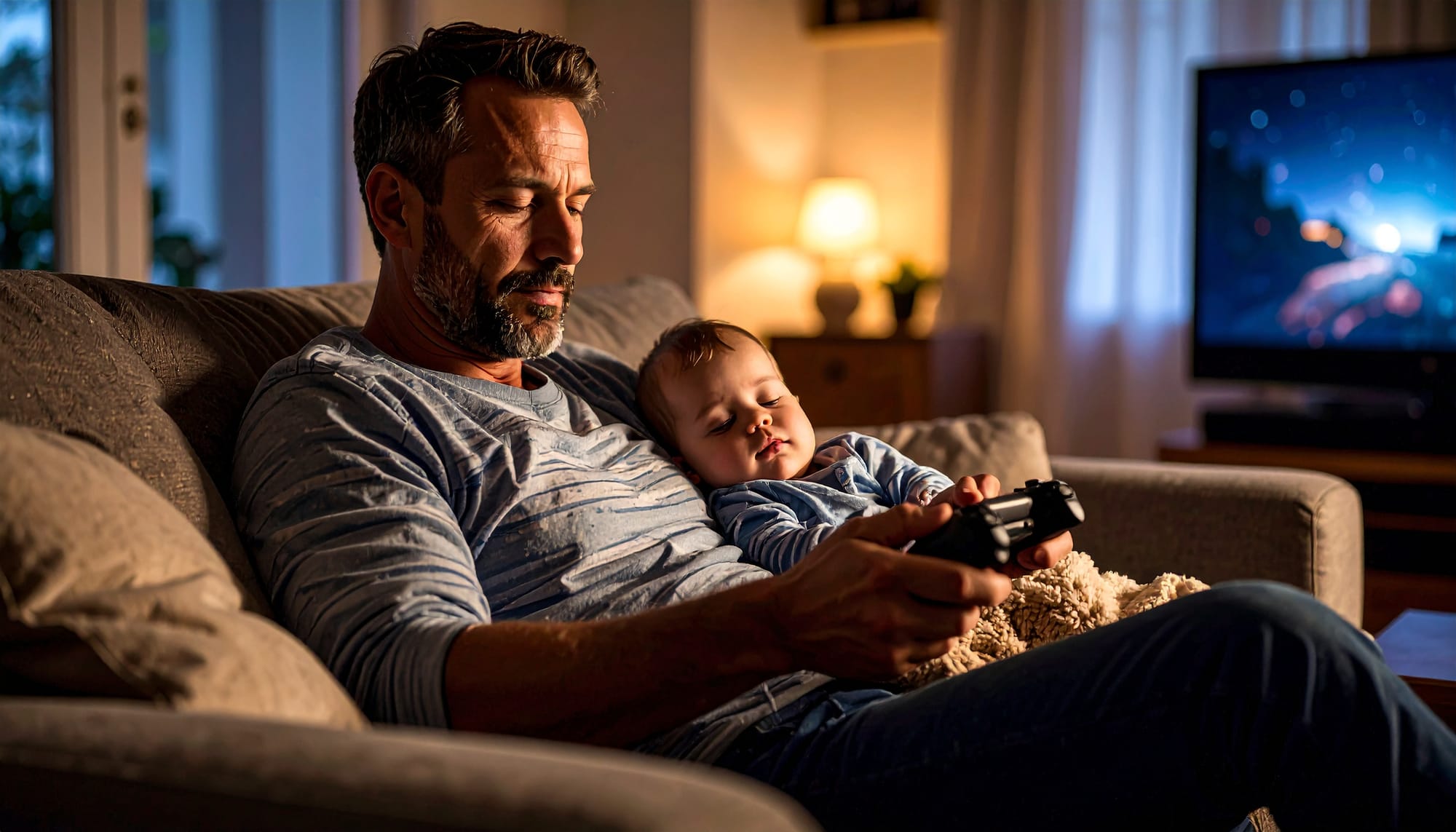 Father multitasking - gaming controller in one hand, sleeping baby in the other, both resting on couch