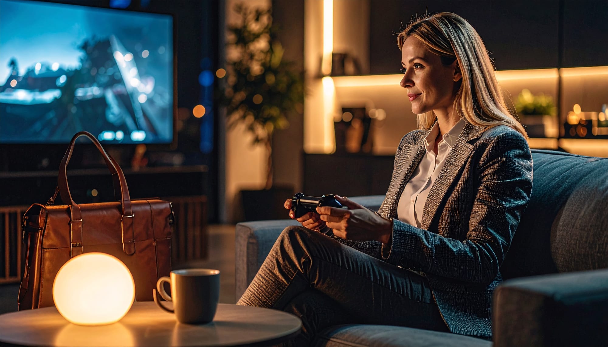 Woman in suit playing video games with controller