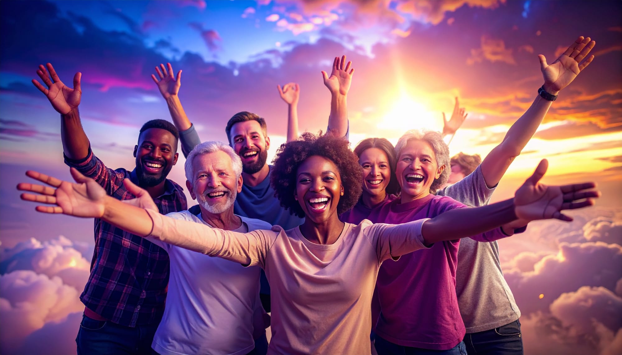 Group of diverse mature gamers with arms outstretched in welcoming gesture against cloudy sky background
