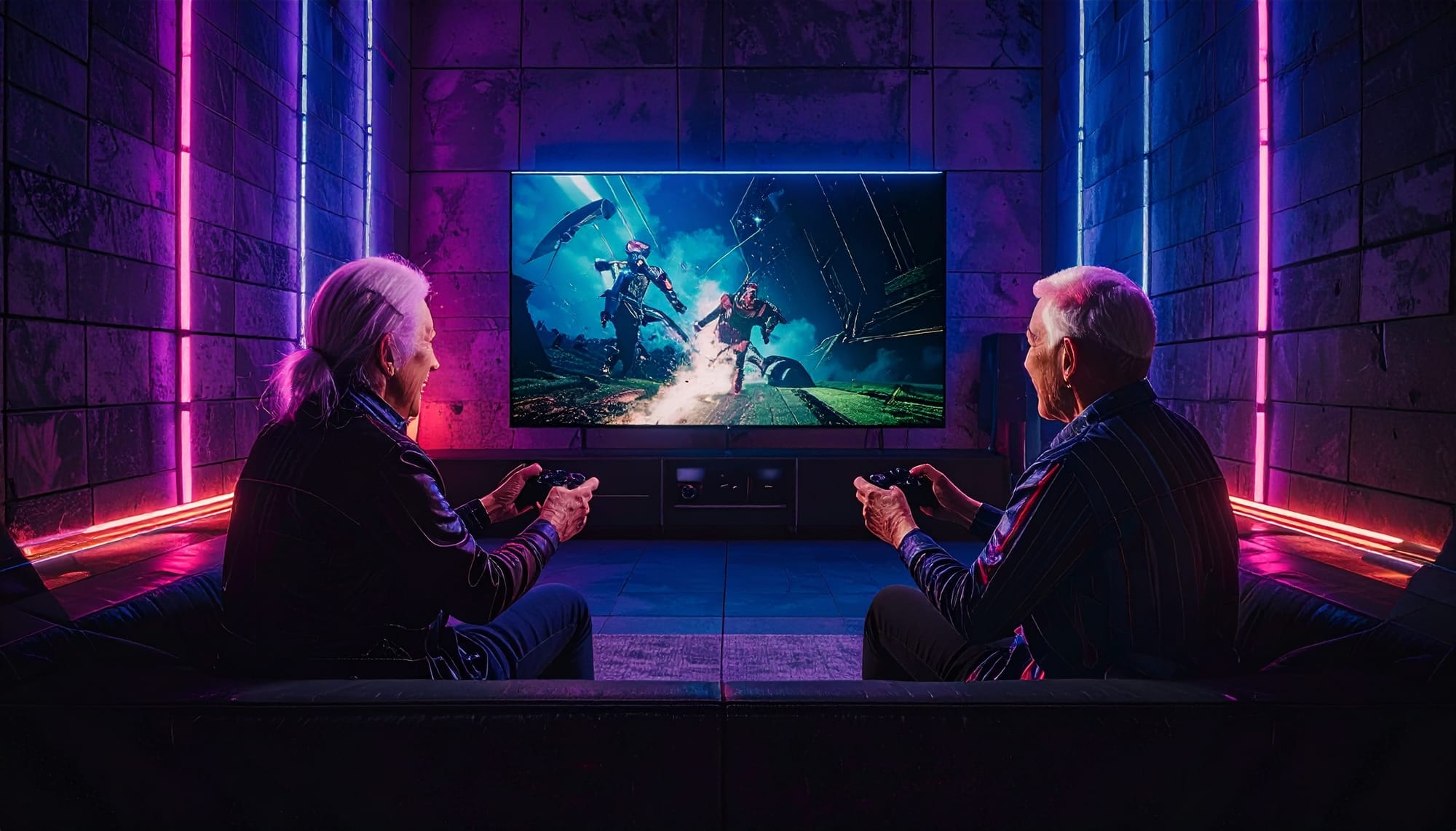 Two elderly people playing video games together on large TV screen with purple and pink neon lighting in background