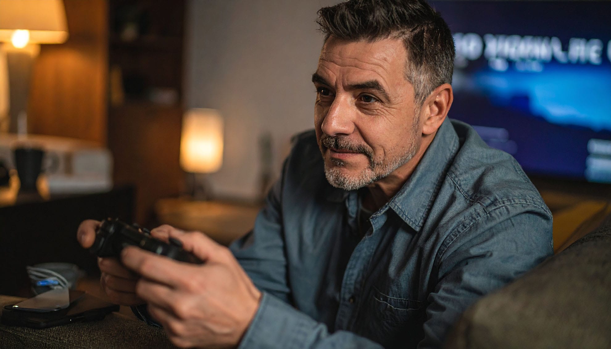 A relaxed man in his 50s with graying hair sitting on a couch, confidently setting up his gaming console with accessories nearby.