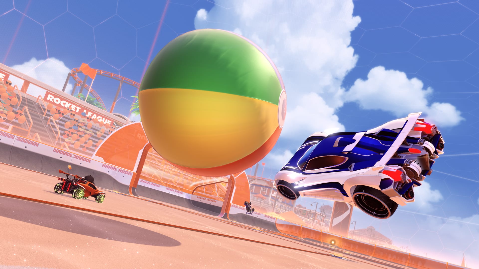 Rocket League gameplay screenshot showing cars and ball - perfect 5-minute gaming sessions for silver gamers