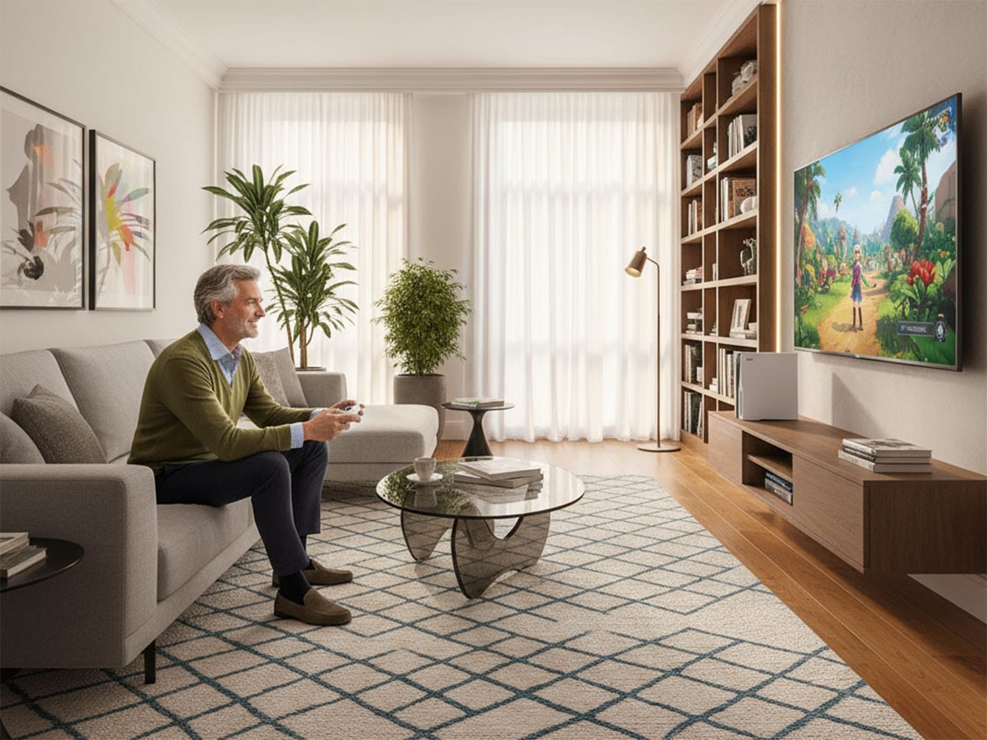 Well-dressed man over 50 gaming in upscale living room with modern TV showing colorful game - silver gamer lifestyle