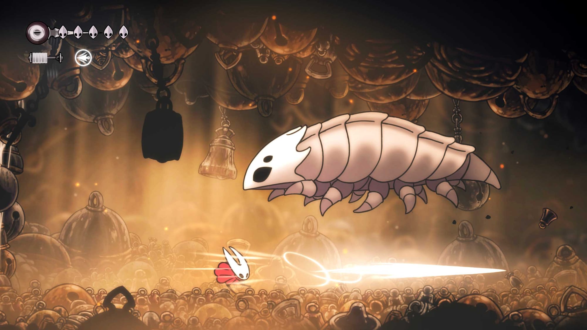 Hollow Knight Silksong boss fight screenshot showing Hornet battling a large armored enemy in ornate golden chamber