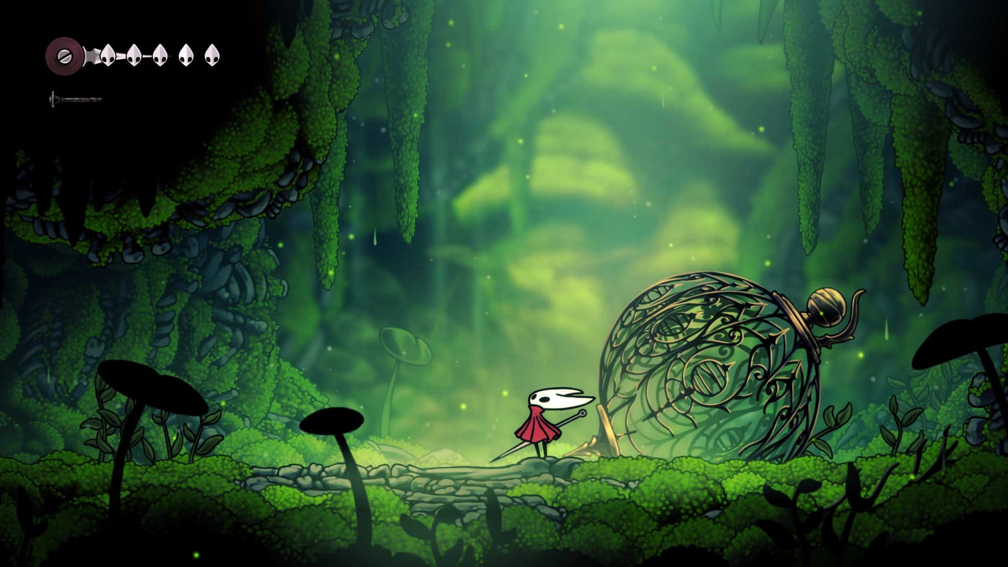 Hollow Knight Silksong screenshot showing Hornet in the verdant Moss Grotto with ornate shell architecture