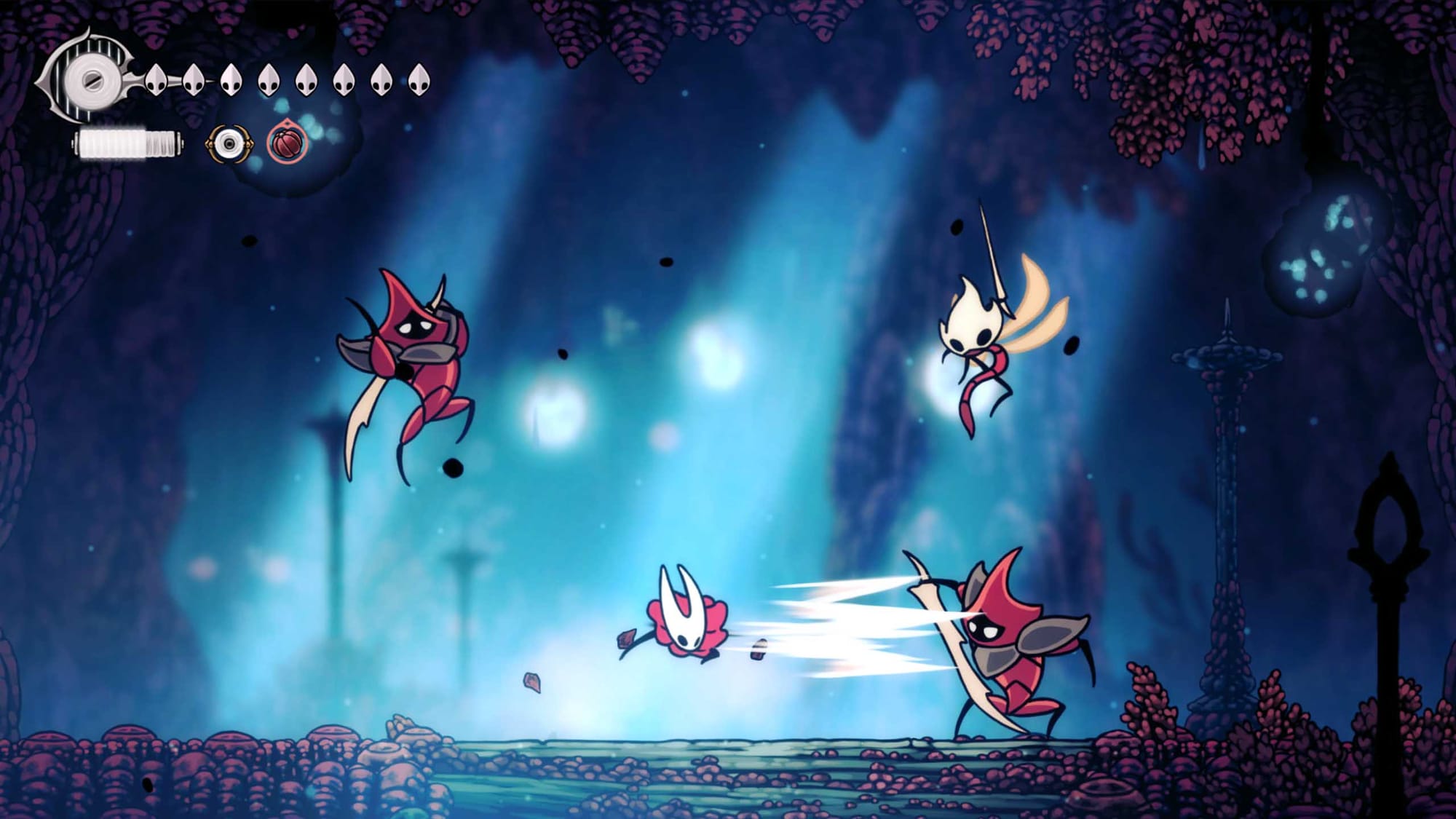 Hollow Knight Silksong combat screenshot showing Hornet using diagonal dive attack against multiple enemies in blue-lit cavern