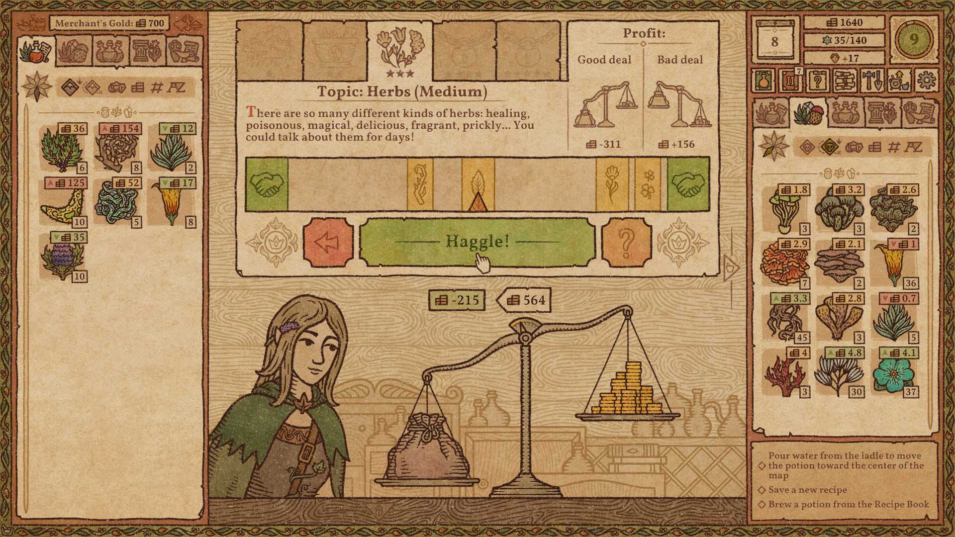 A merchant from the game Potion Craft in front of a large scale