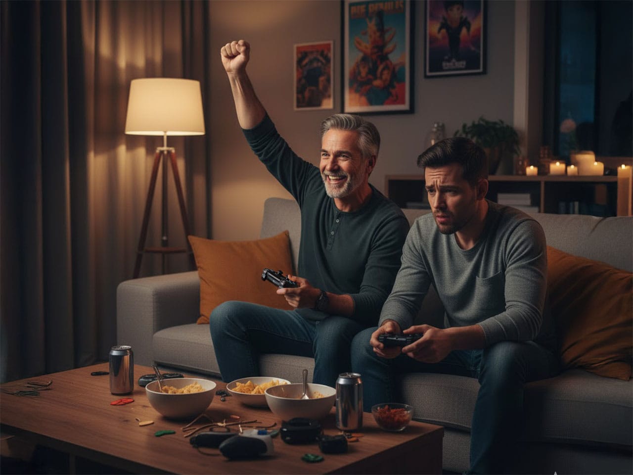 Two men in their 50s gaming together on a couch, with snacks and drinks, one celebrating a victory with fist pump