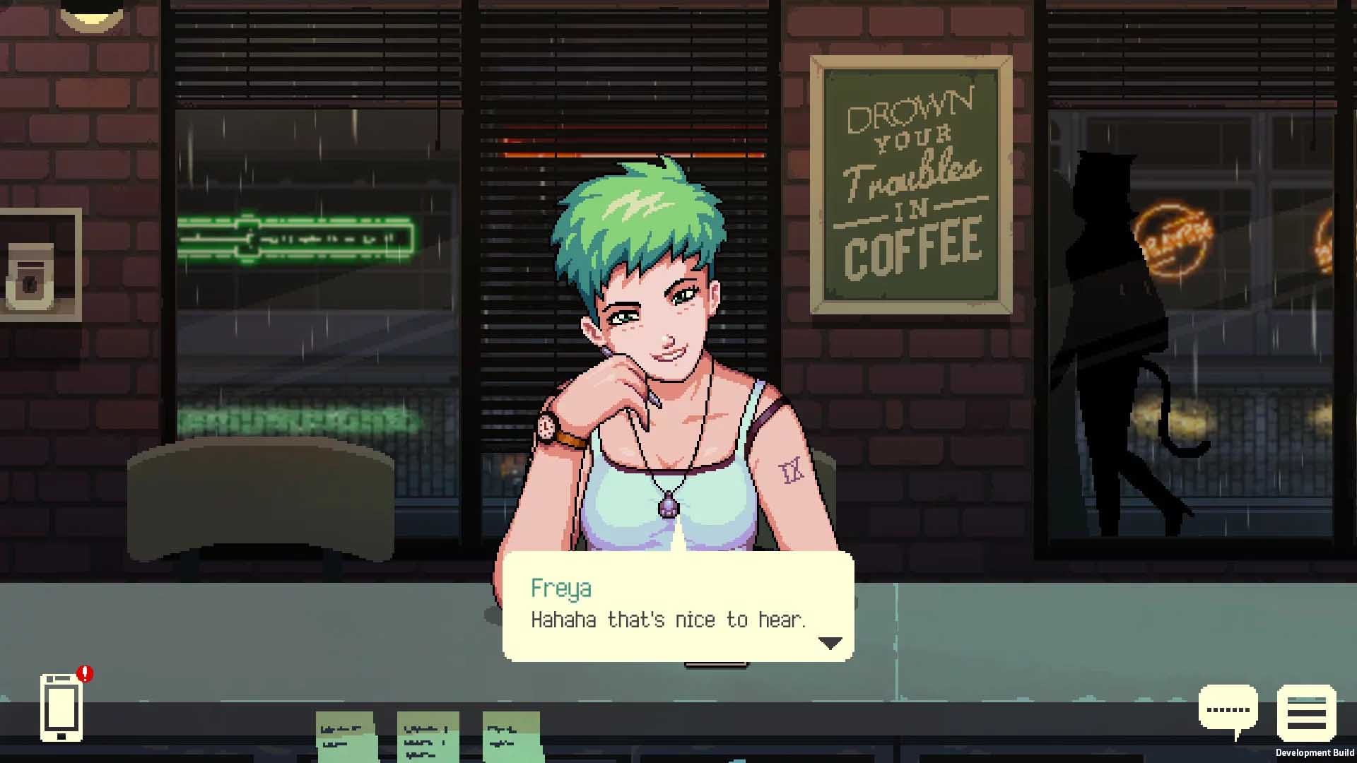A green haired character sitting at the bar in the game Coffee Talk