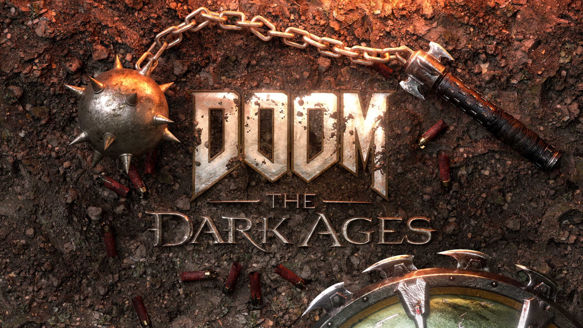 An Artwork from Doom: The Dark Ages. Depicting a bloody morning star, empty shotgun shells on the ground and the slayers new shield.