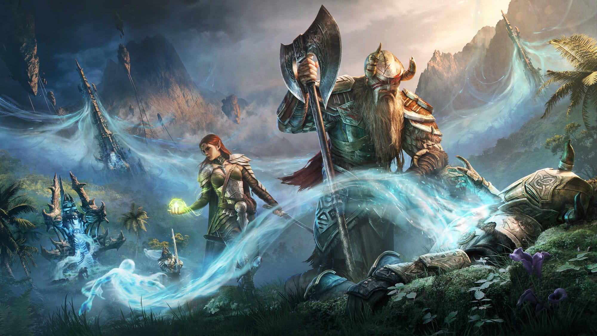 An artwork from The Elder Scrolls Online, depicting a dwarven warrior with an Axe and a elven sorceress in the background.