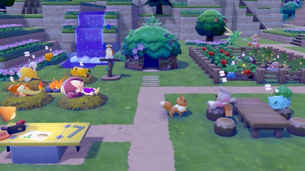 Characters sleeping, while one Pokemon is still awake.