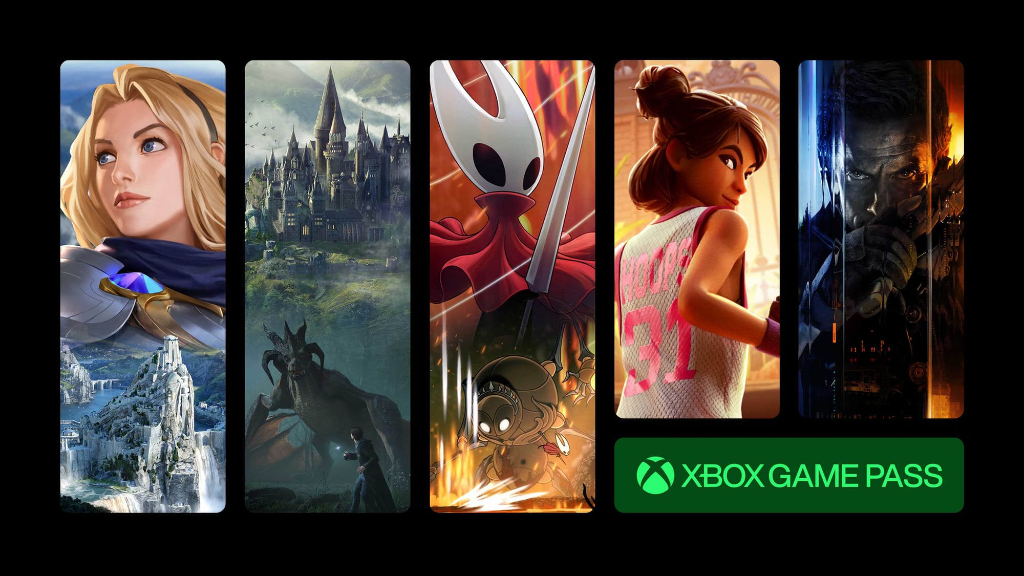A selection of xbox game pass games as tiles, with the logo in the bottom-right corner.