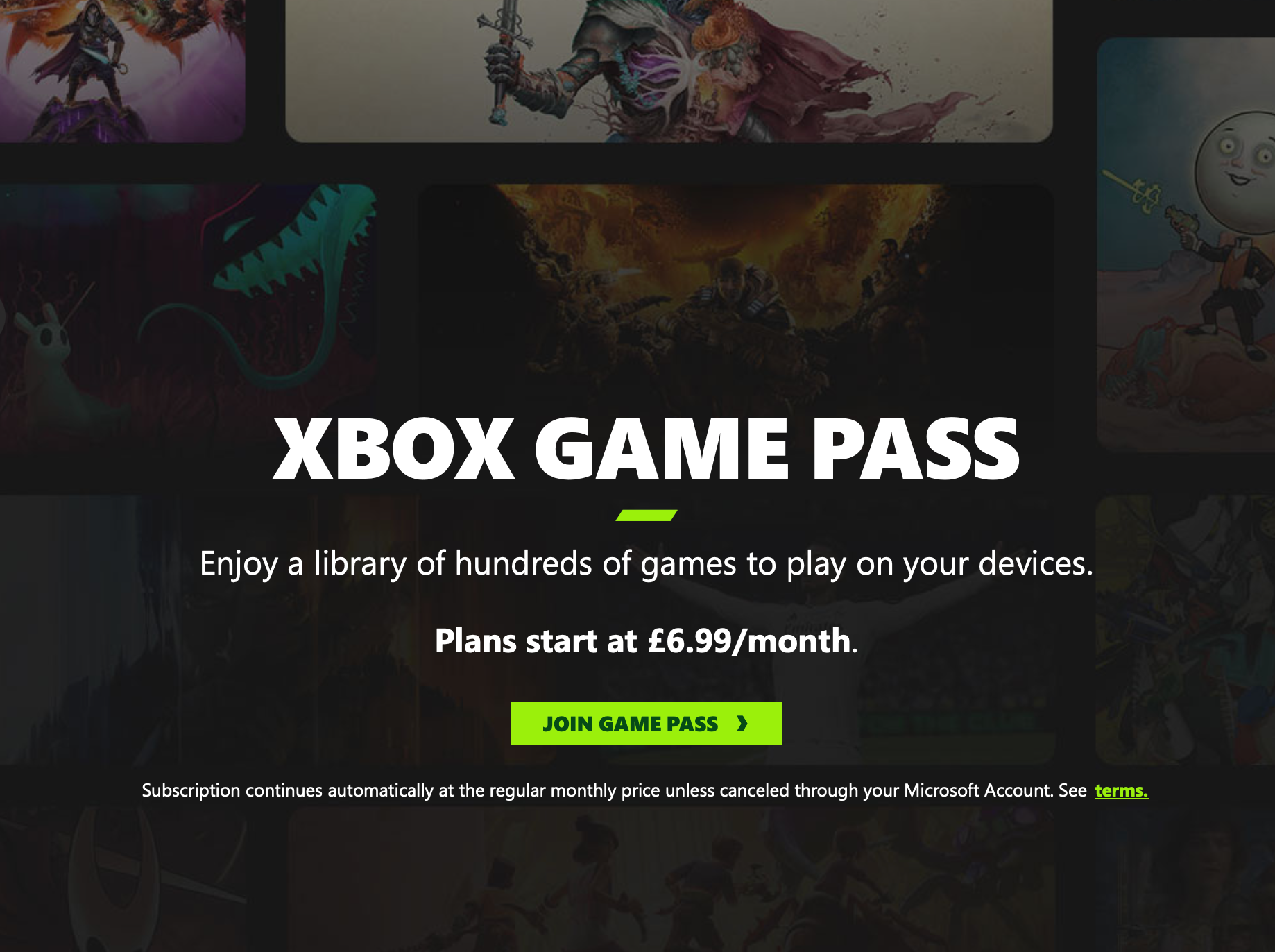 A screenshot of the official Xbox Game Pass website showing the join game pass button