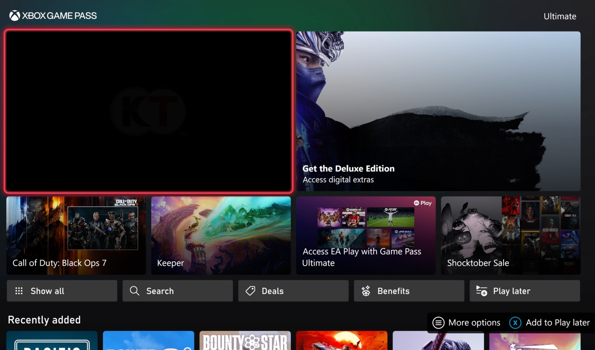 The main view of the Game Pass Main Menu on a Xbox Series X