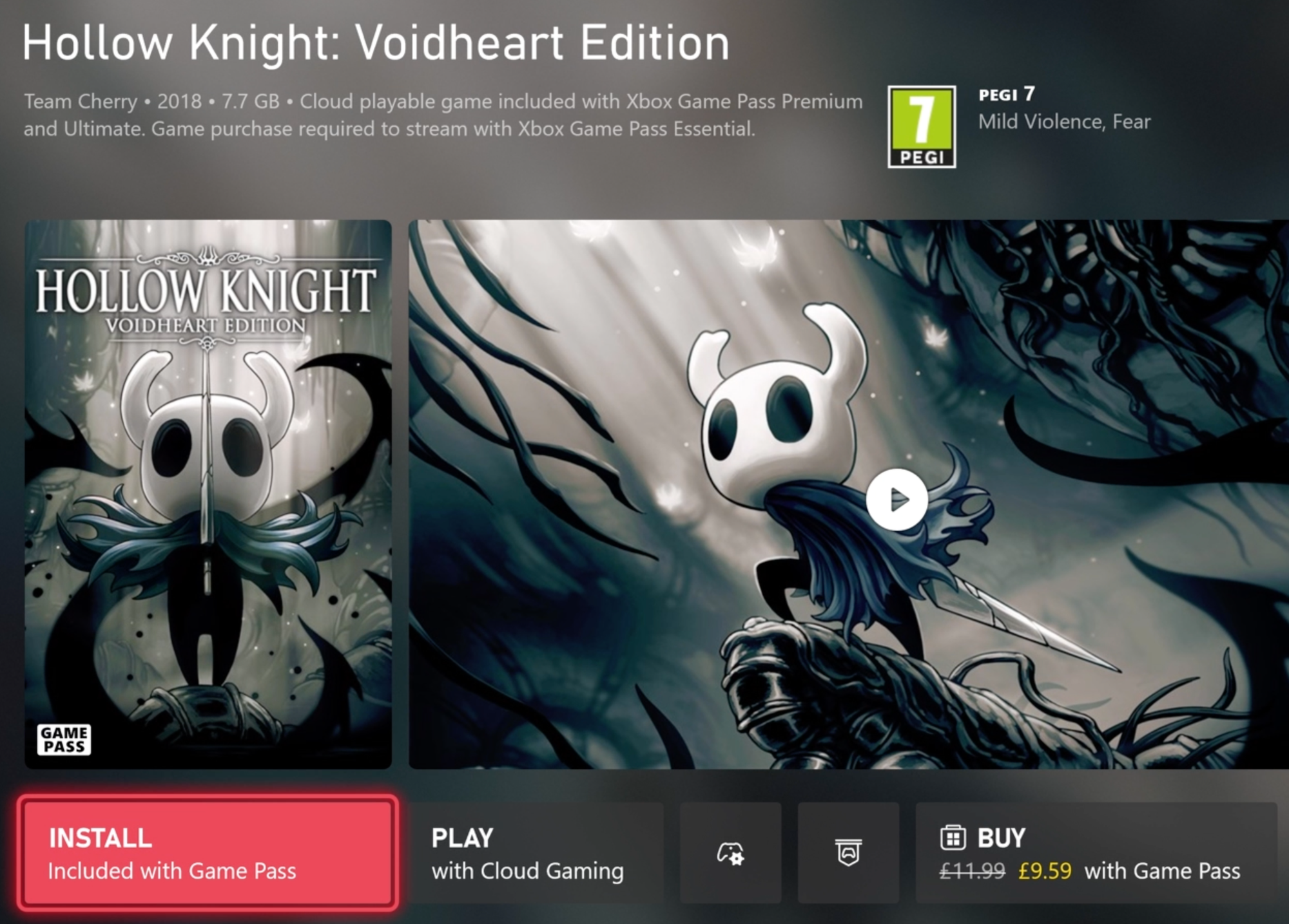 The Game detail page for Hollow Knight on Xbox