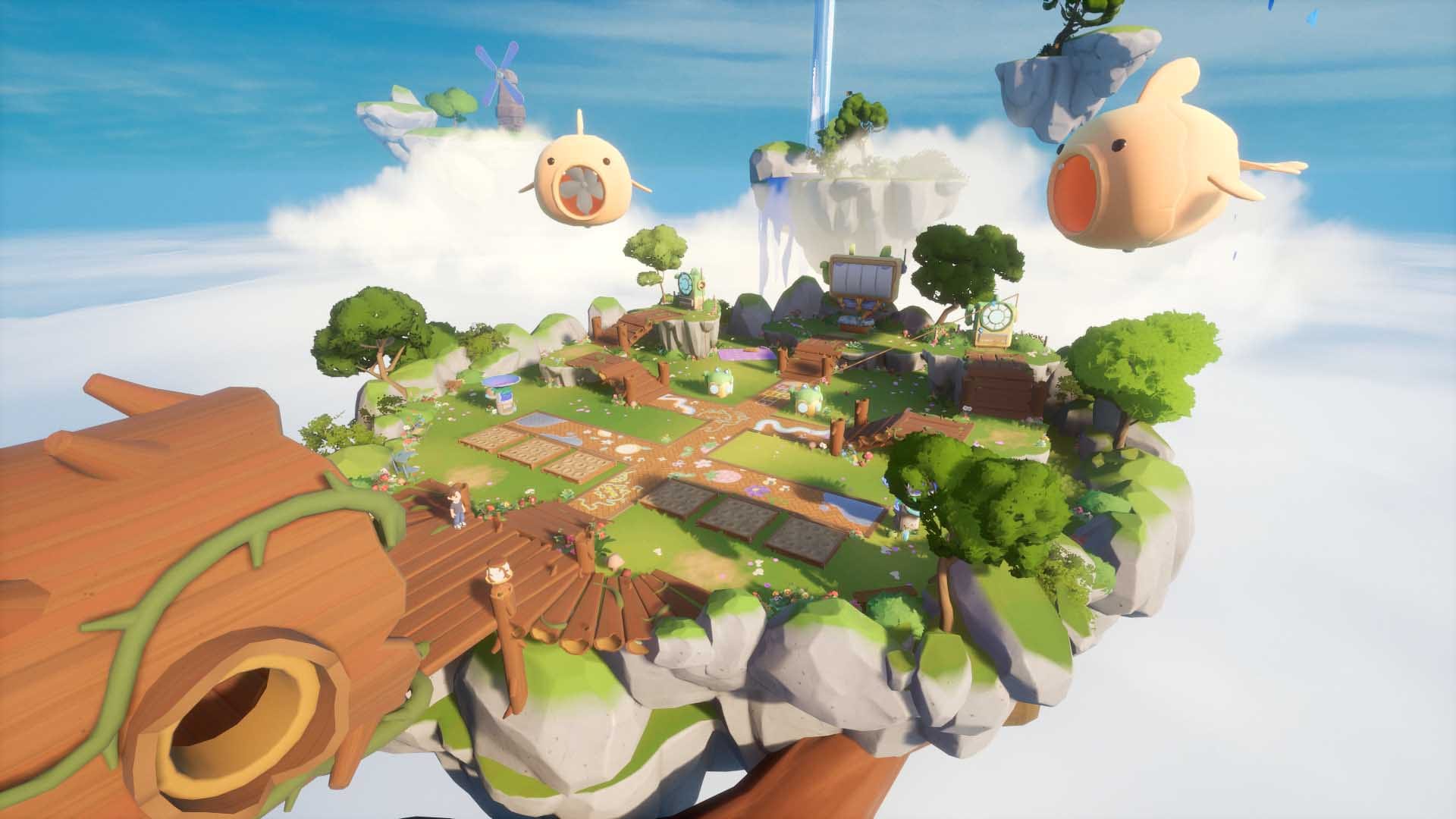 A lofty island in the sky with giant fish floating around it