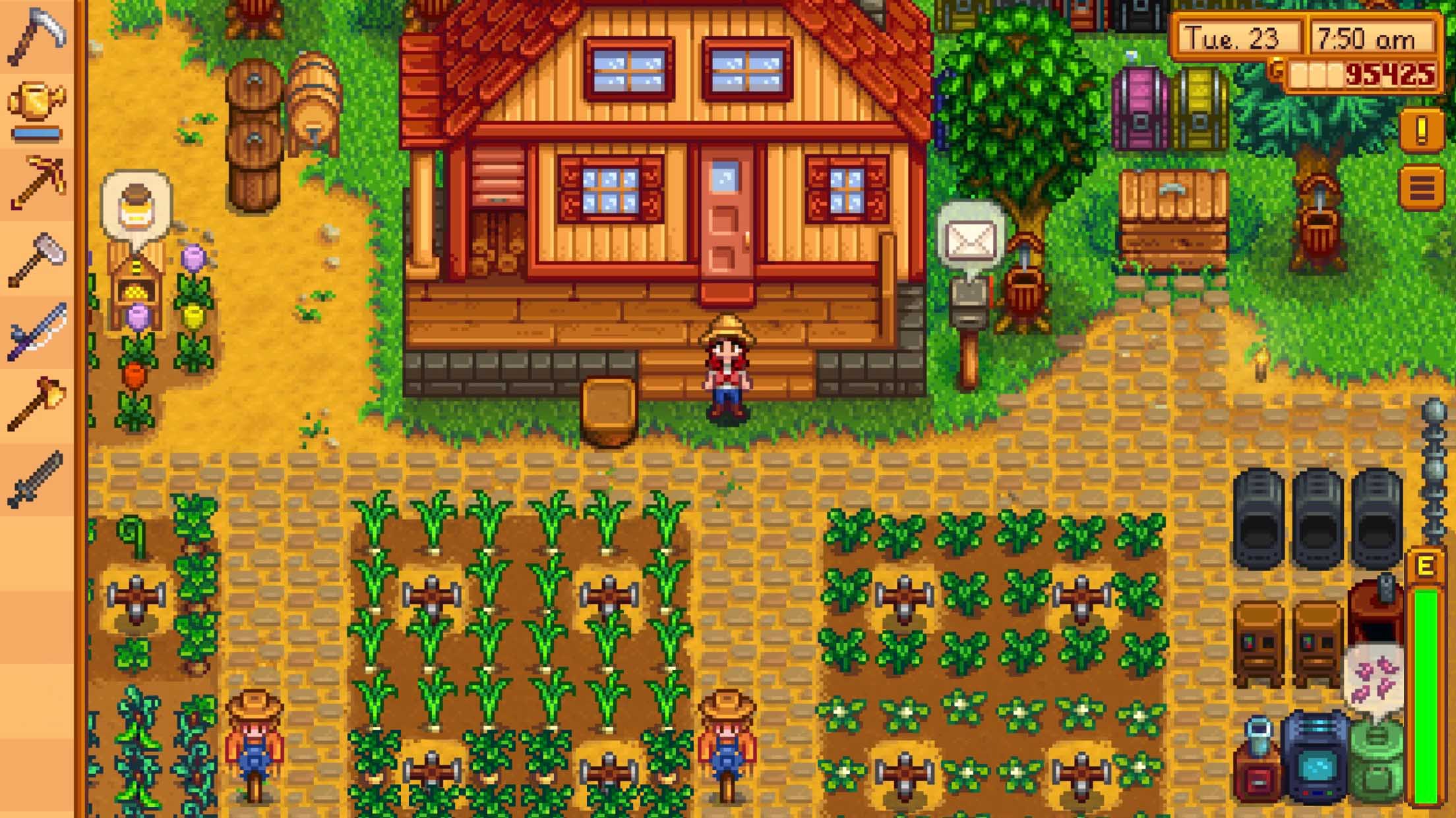 A female farmer standing in front of their house overlooking the fields in Stardew Valley