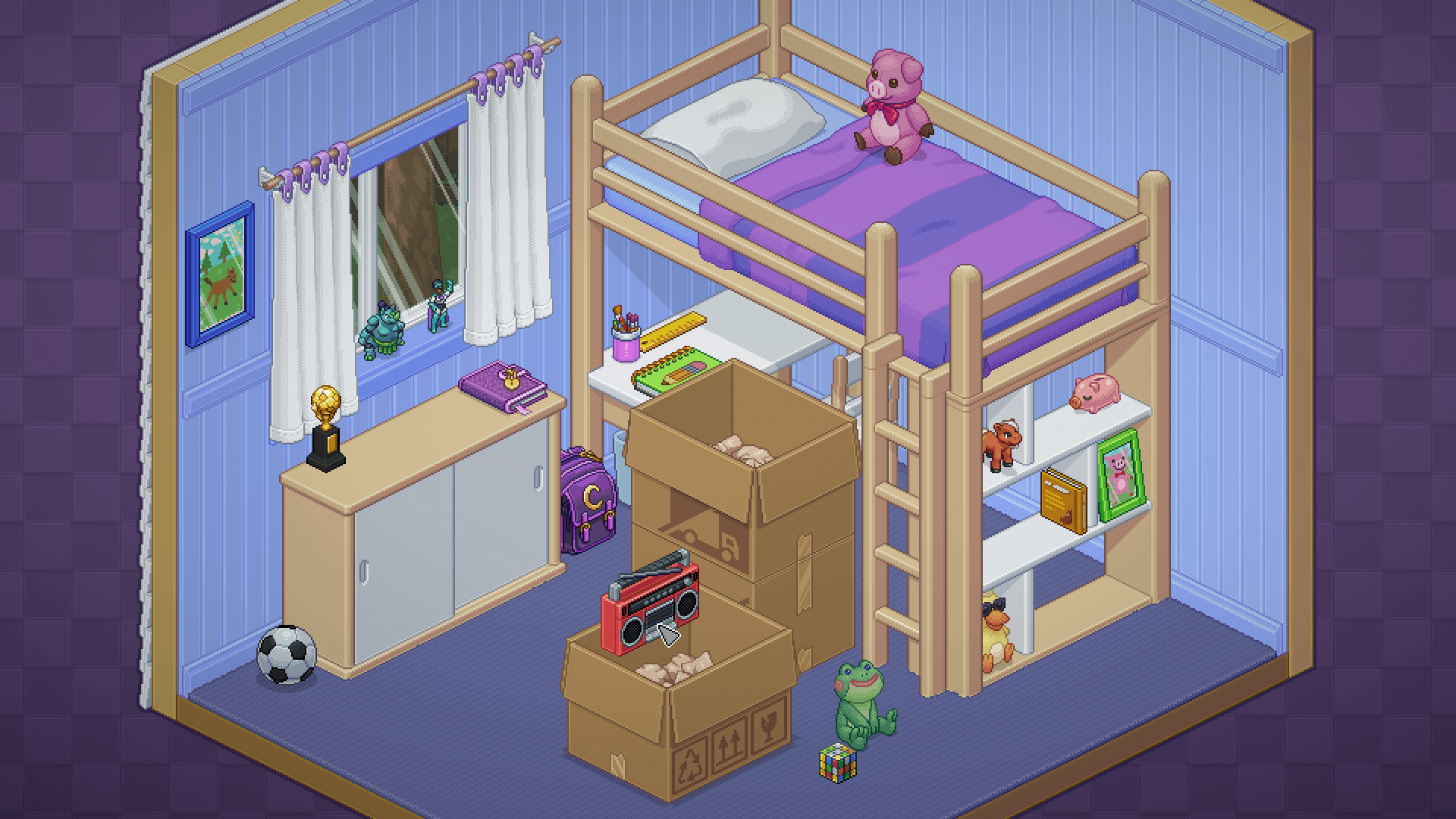 A childrens bedroom with moving boxes