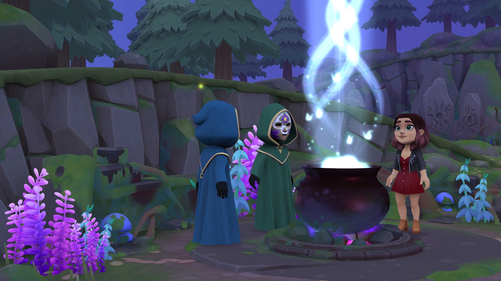 A with in front of a cauldron in the game Wylde Flowers