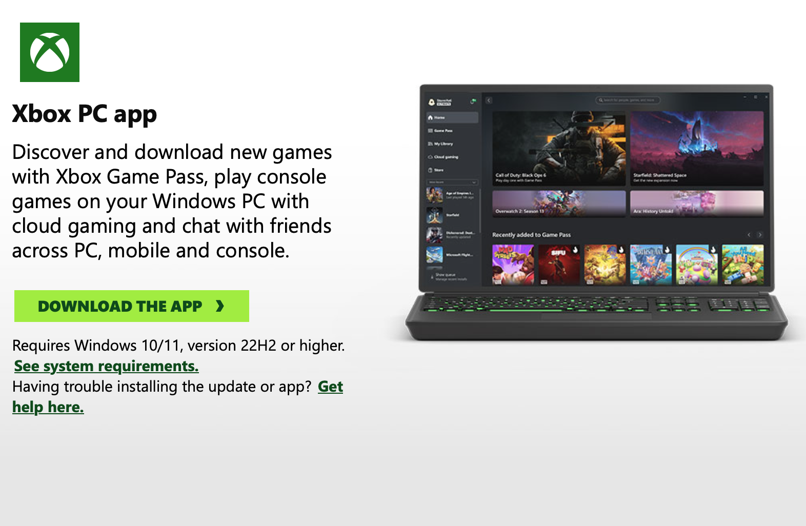 A screenshot of the Xbox website with the download button for the Xbox PC App