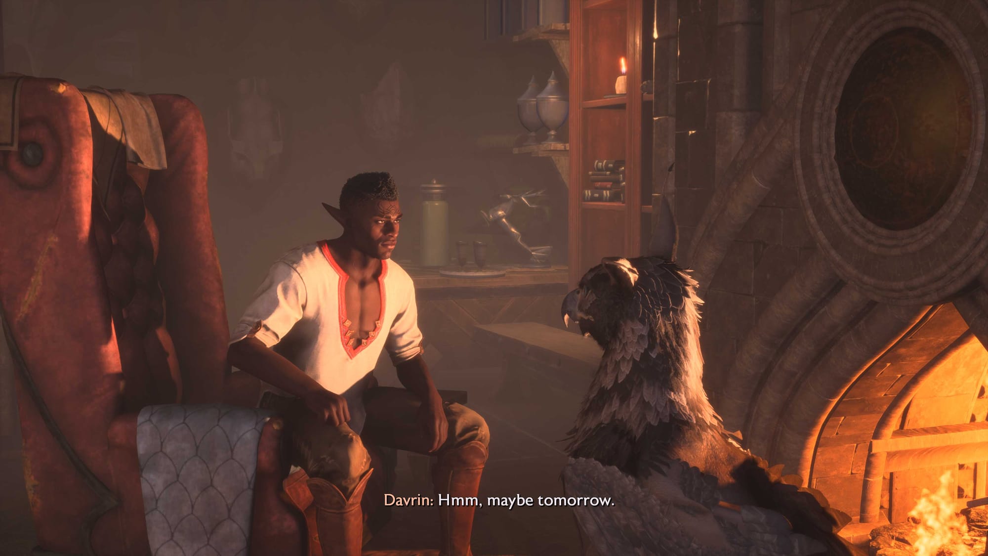 A grey warden seated on a big chair, looking at a griffon next to him.