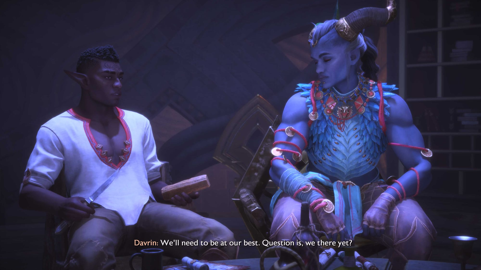 Two characters talking, while relaxing at the Lighthouse.