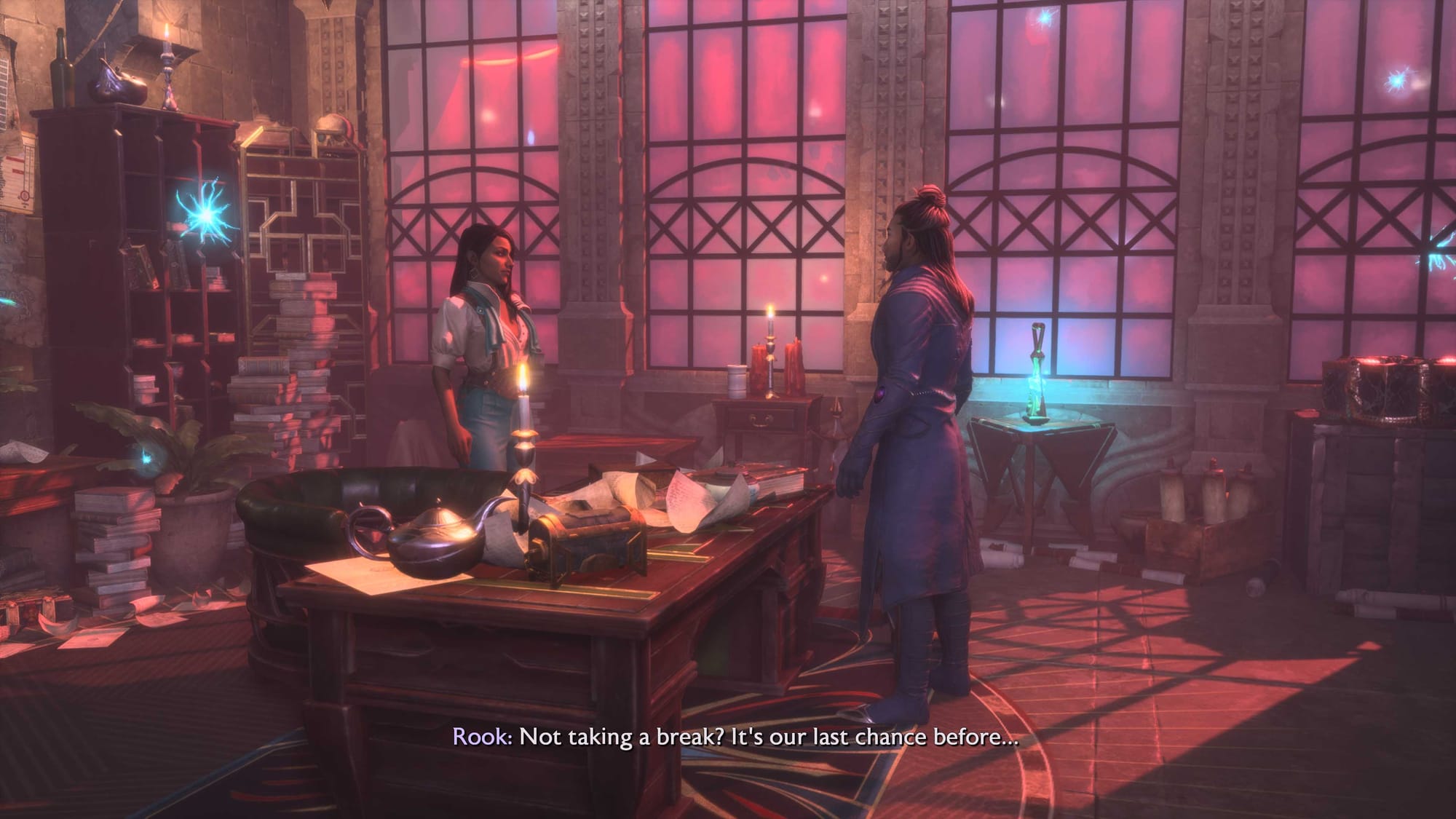 Rook talking to Neve Gallus in her office