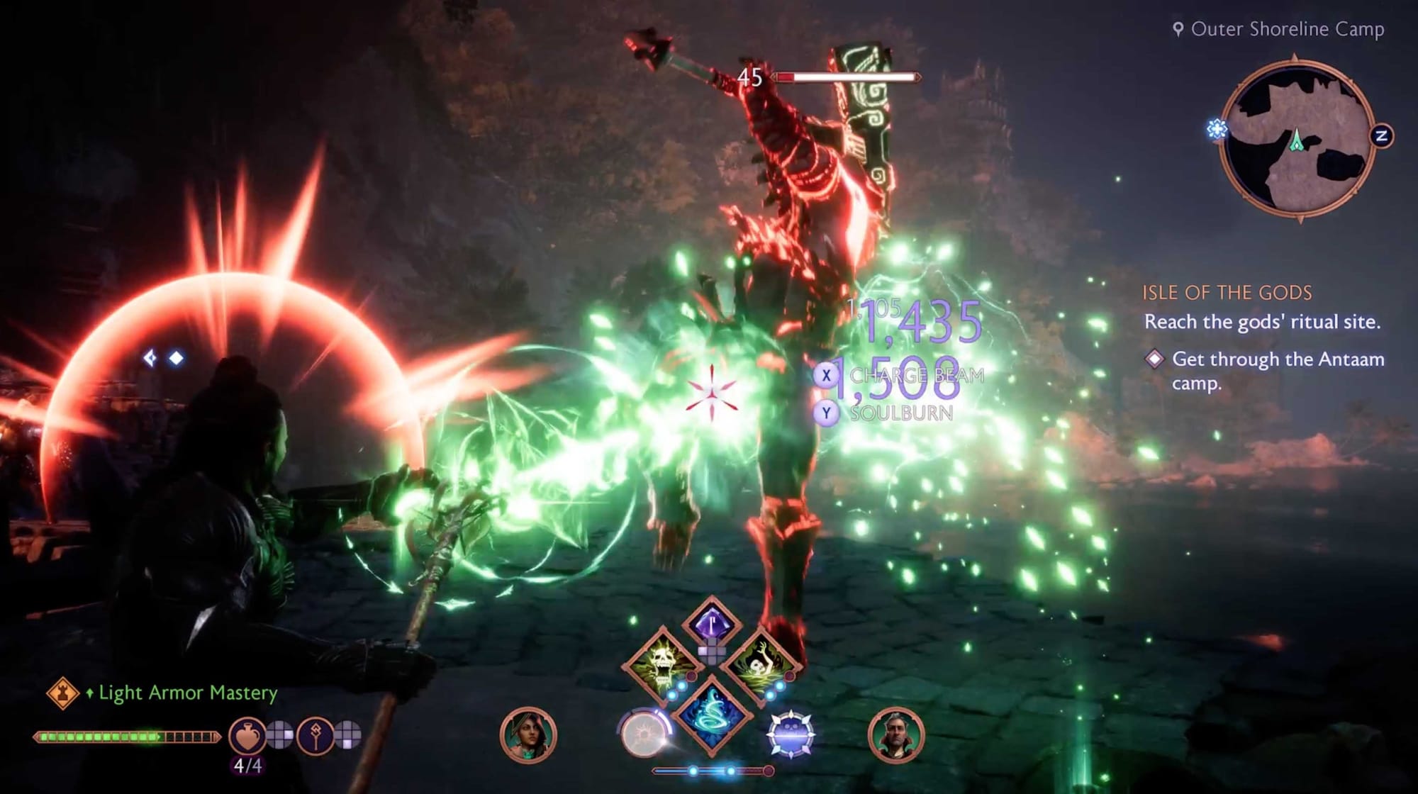 A mage blasting a green beam at an enemy