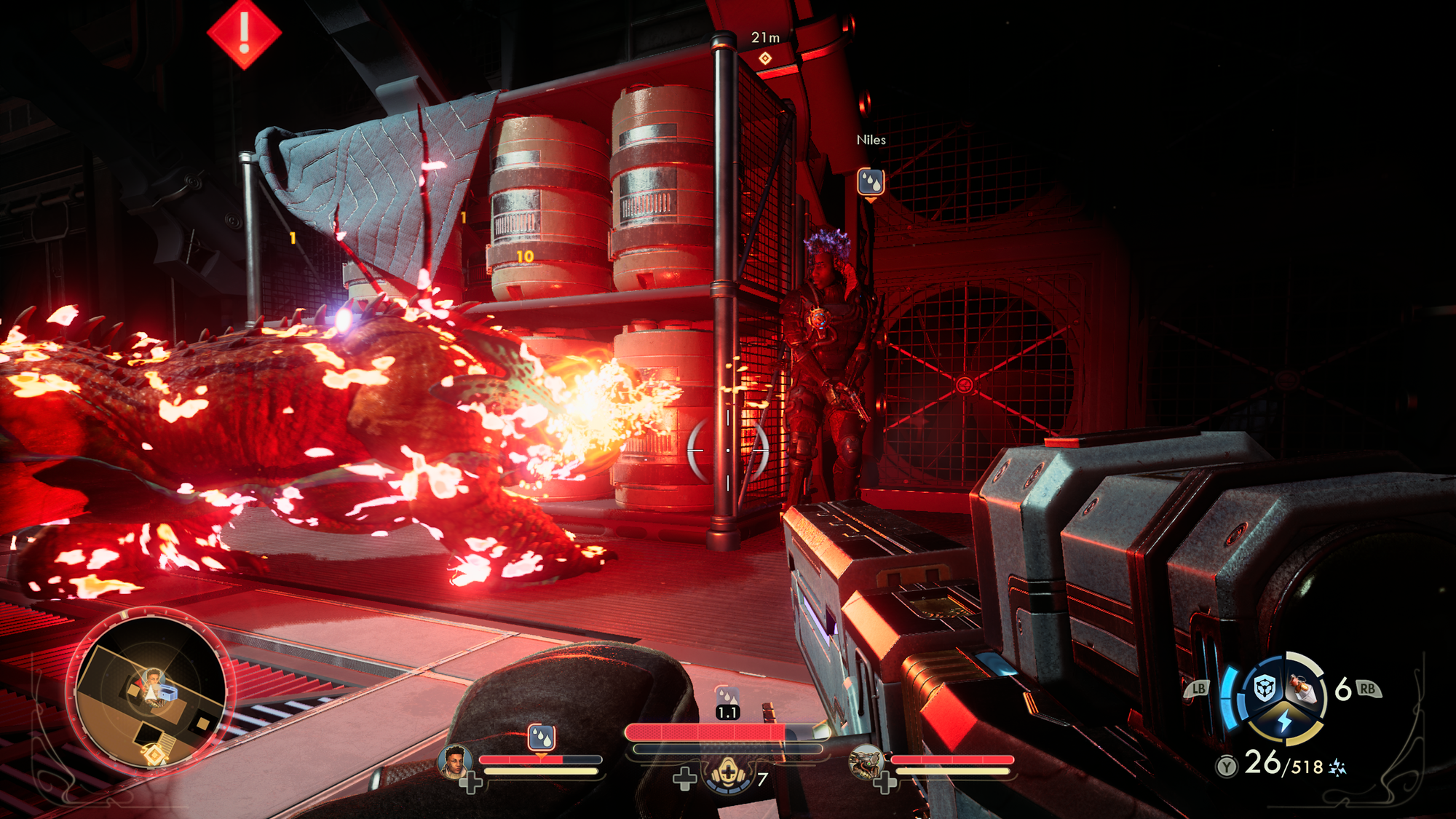 An alien creature appearing out of thin air, while an ally is trying to hide between a shelf