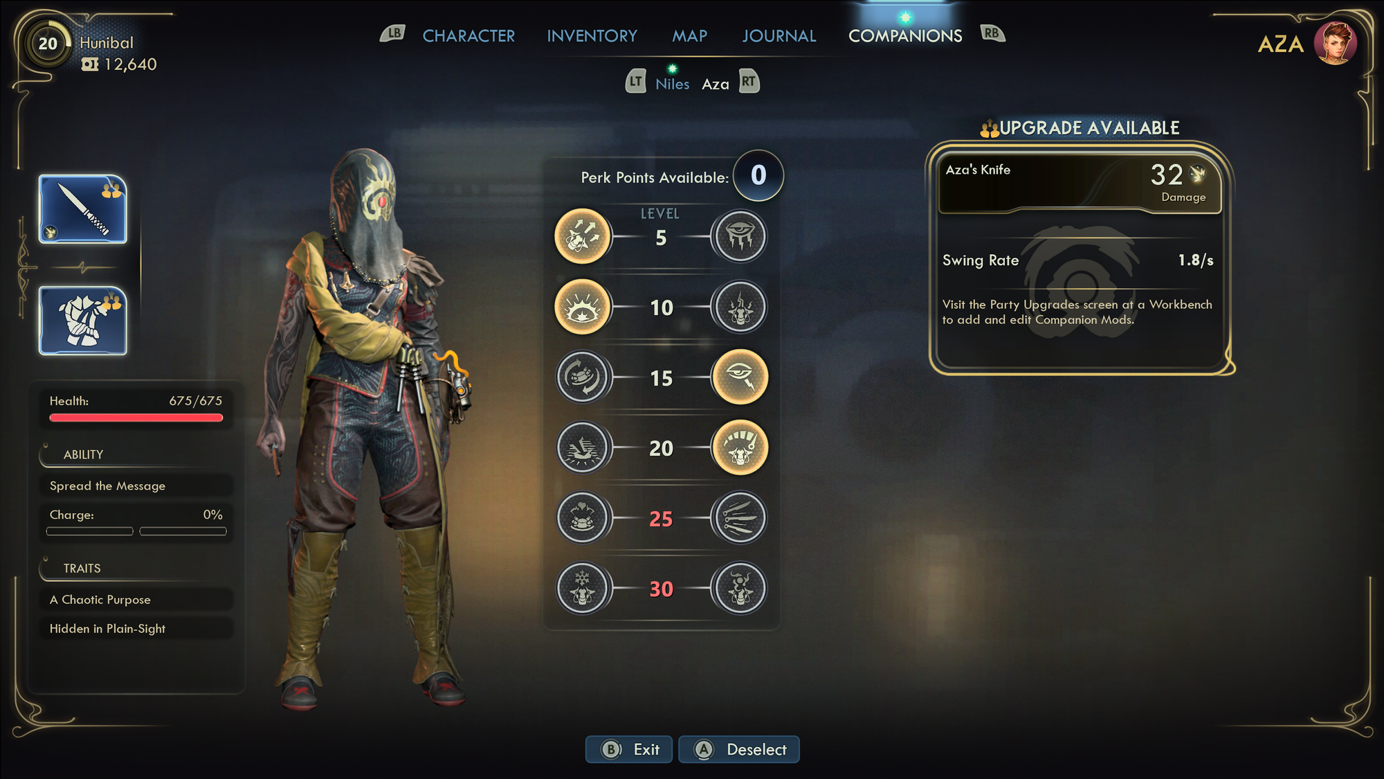 The companion overview screen that shows the available companion skills.