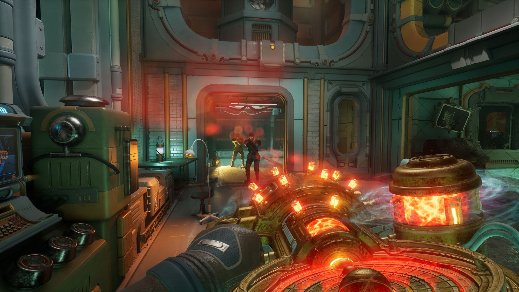 A player using a glowing machine gun on an enemy, who has his gun drawn
