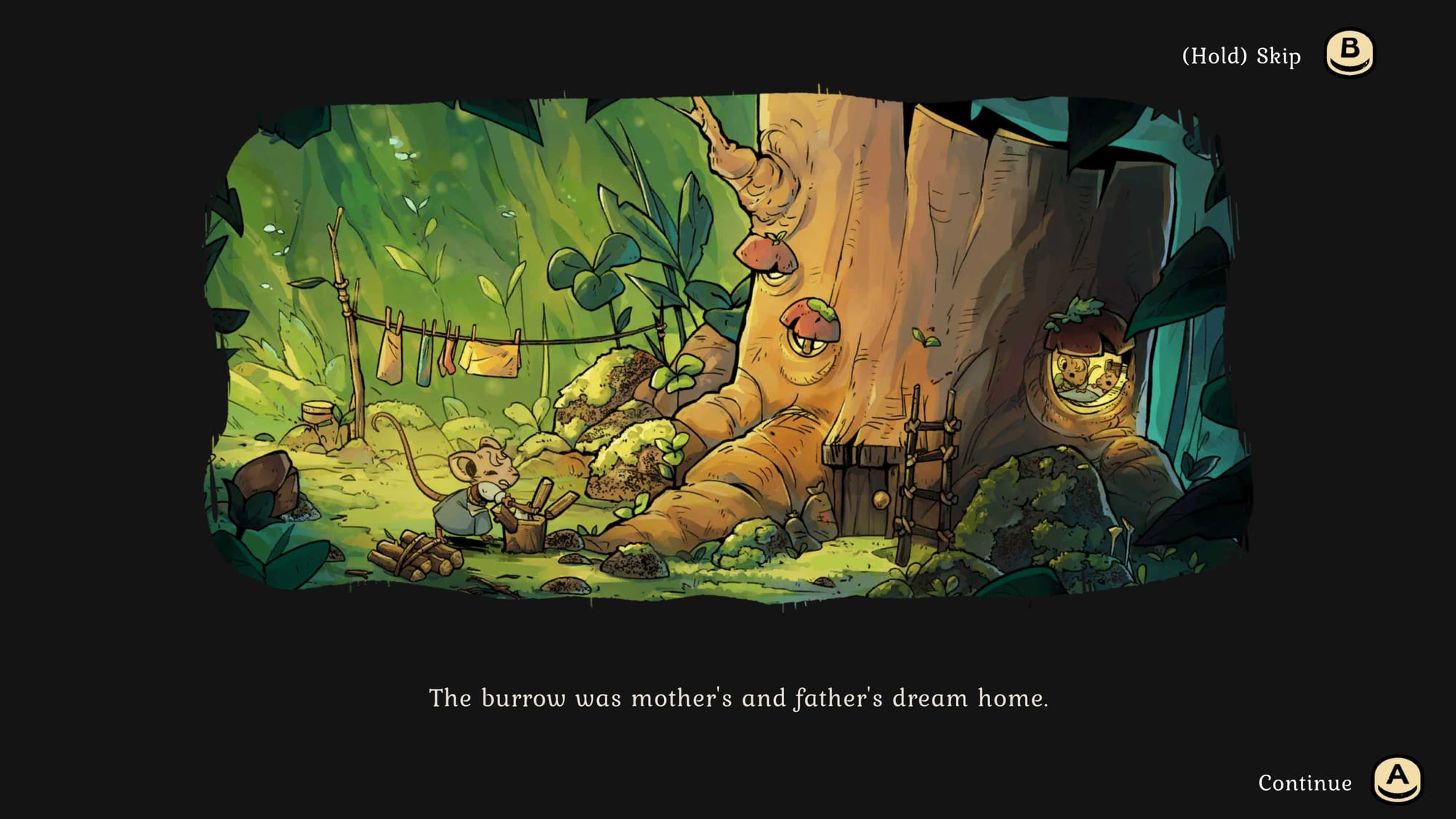 A mouse in front of a tree stump that is its home