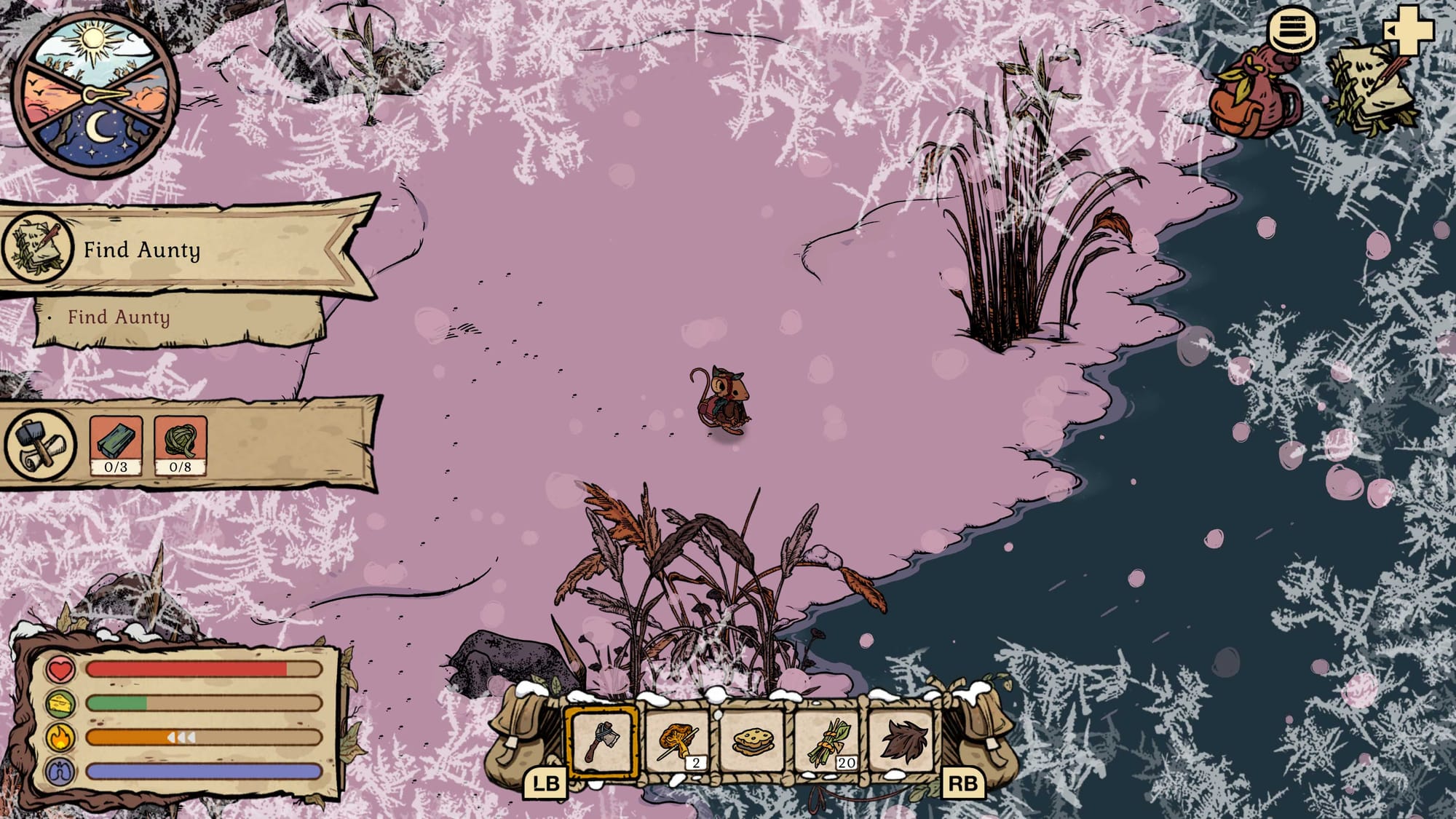 A screenshot of the game that shows the frozen corners after the character suffered from heat loss