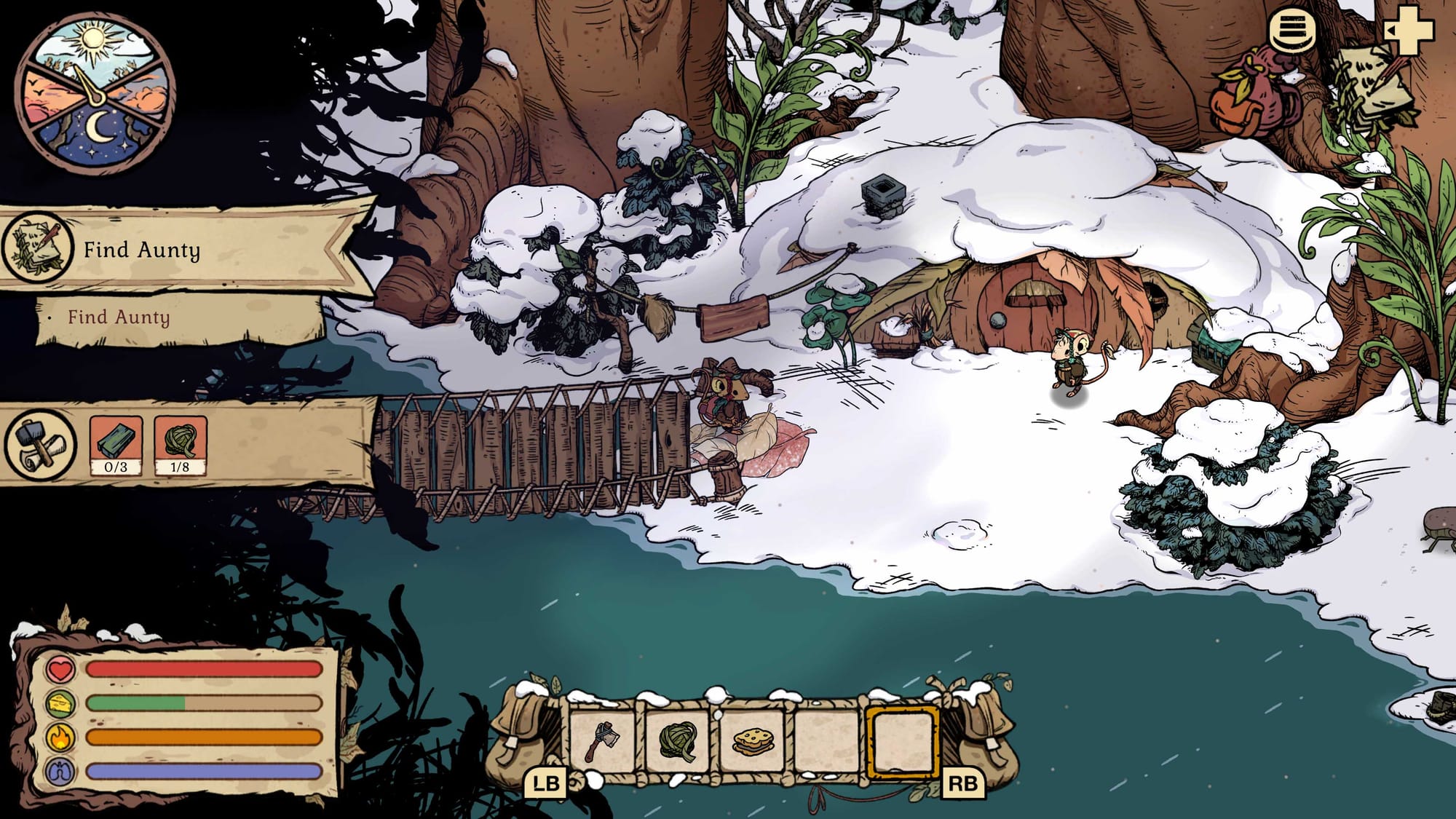 The main character walks over a bridge to reach his Aunt's burrow