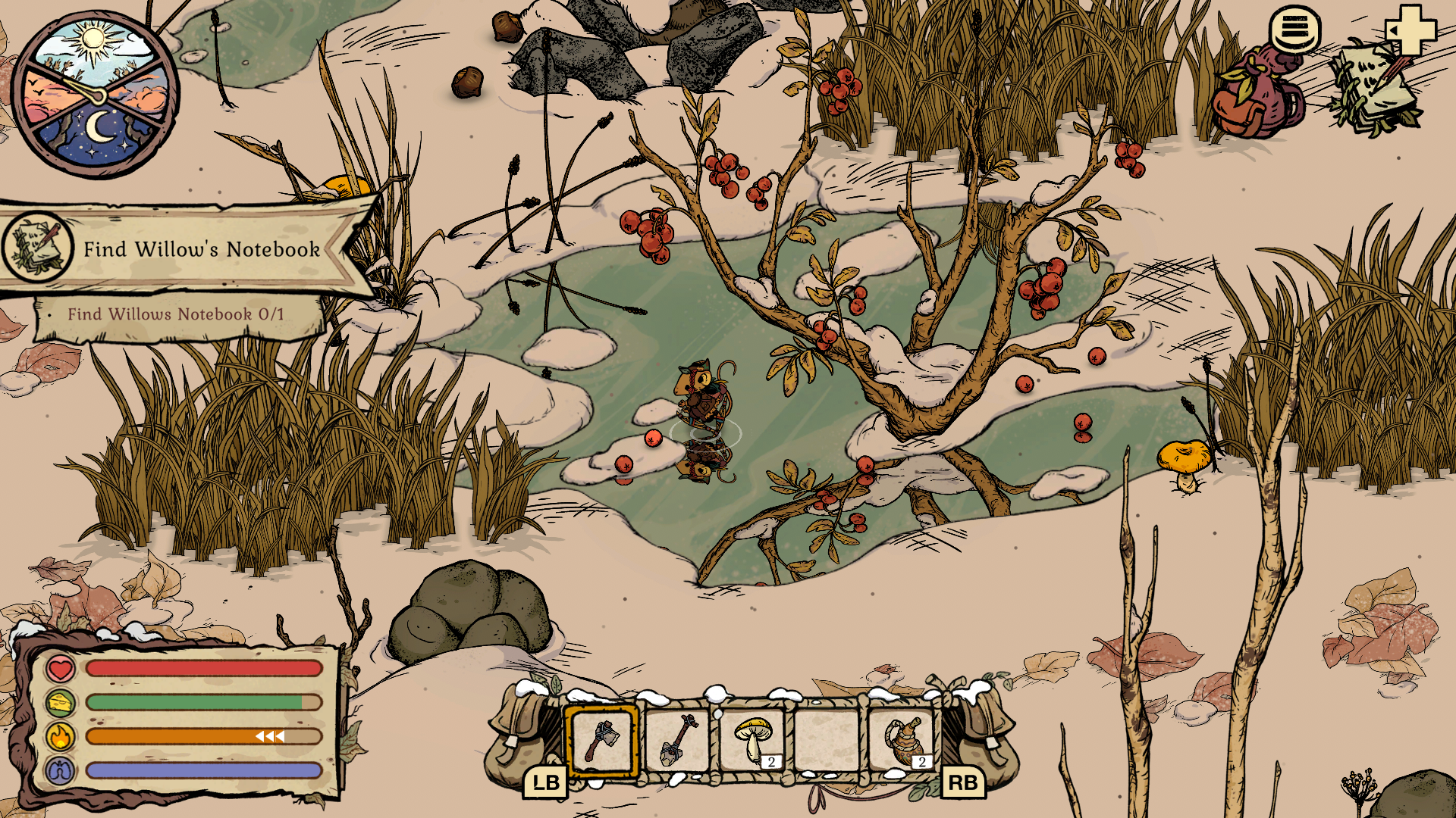 A screenshot from the game showing the main protagonist balancing on a frozen lake, while trying to scavenge for frozen berries
