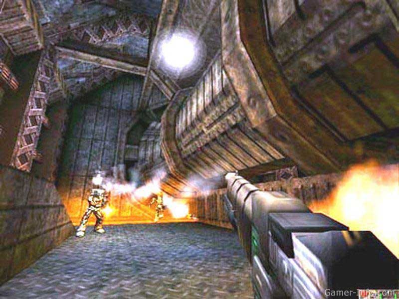 A player firing his shotgun at another player in a industrial map