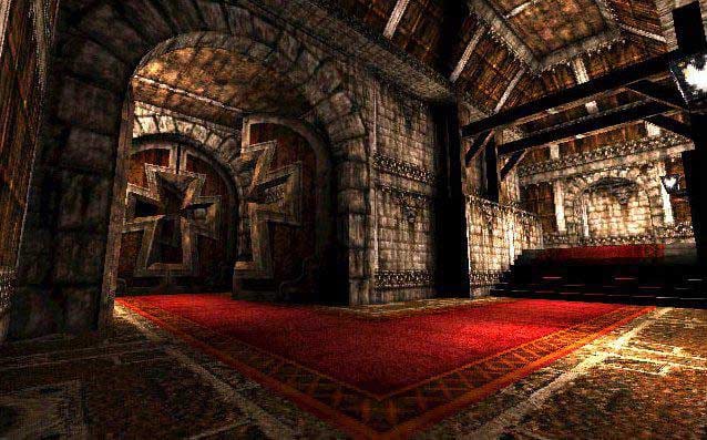 A level in UT99 with iron crosses on the walls and a crimson carpet on the floor