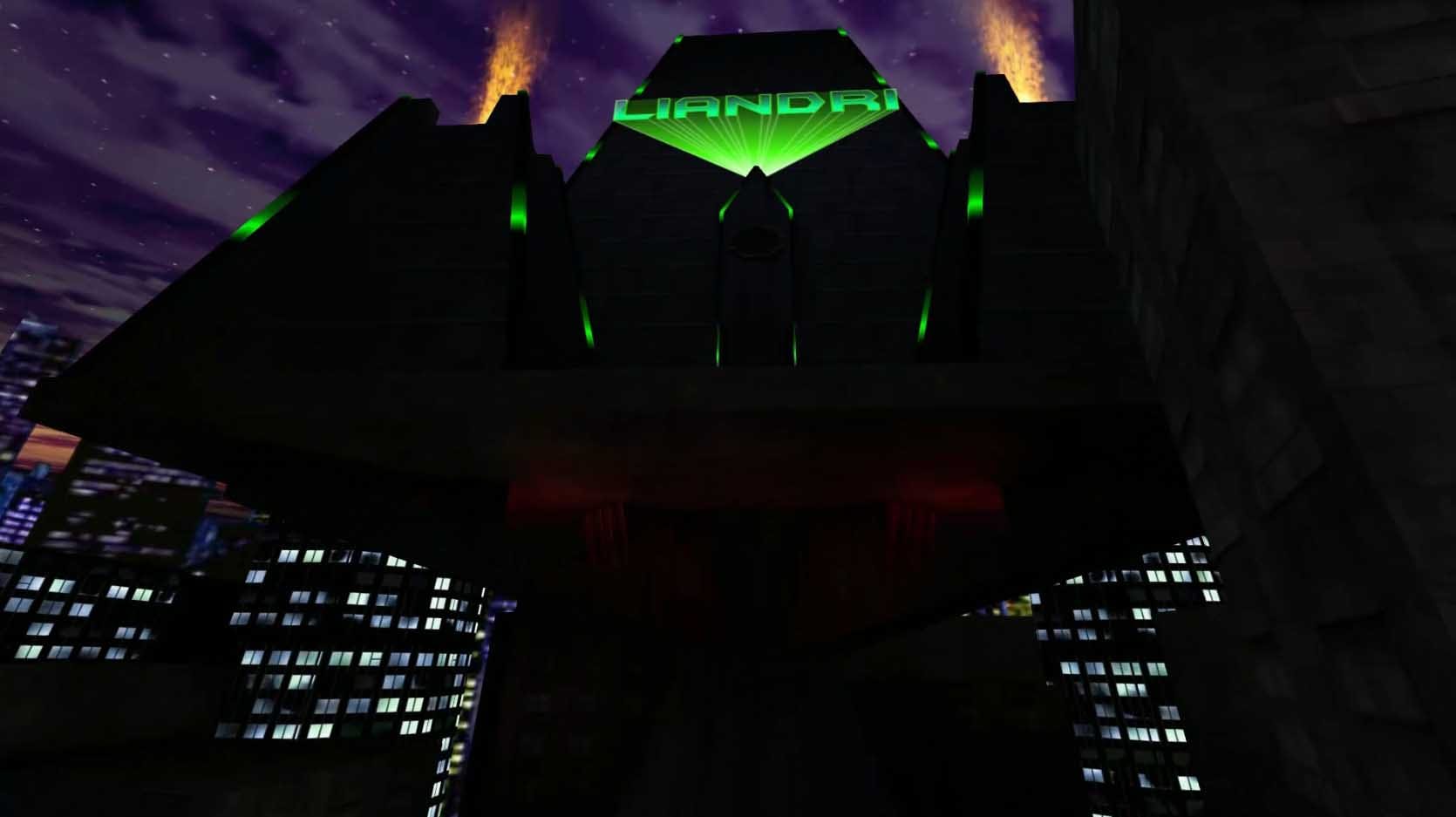 The iconic Liandri Corp logo on top of a futuristic building