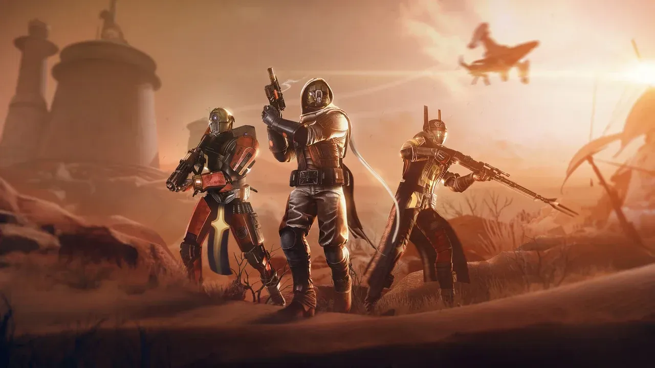 Three guardians standing in front of a settlement in the desert