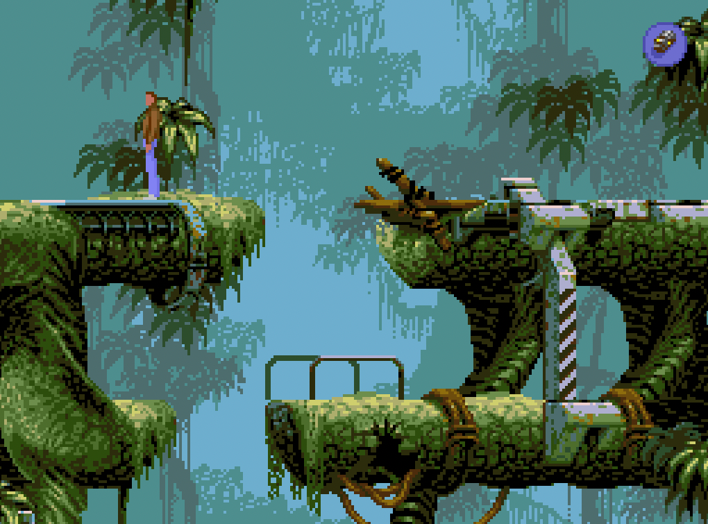 Flashback 1992 screenshot showing pixel art jungle with moss-covered platforms, tropical vegetation, waterfalls, and a character in blue.