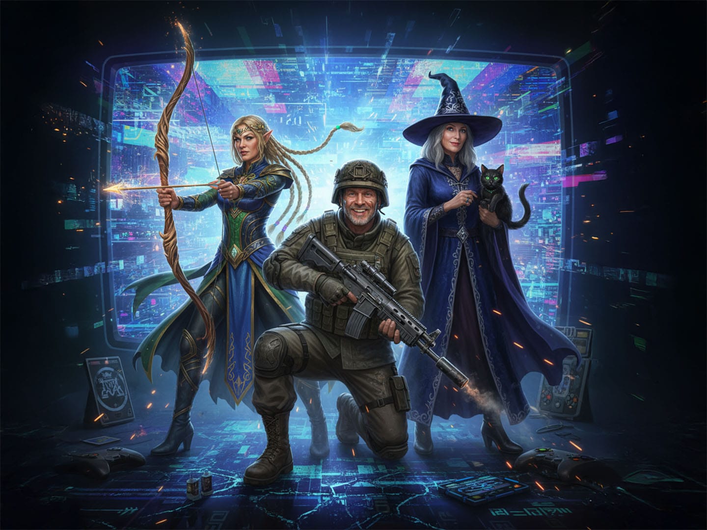 Three video game characters emerging from TV screen: elf archer, mature soldier, and older wizard, showing diverse gaming genres available to players over 50