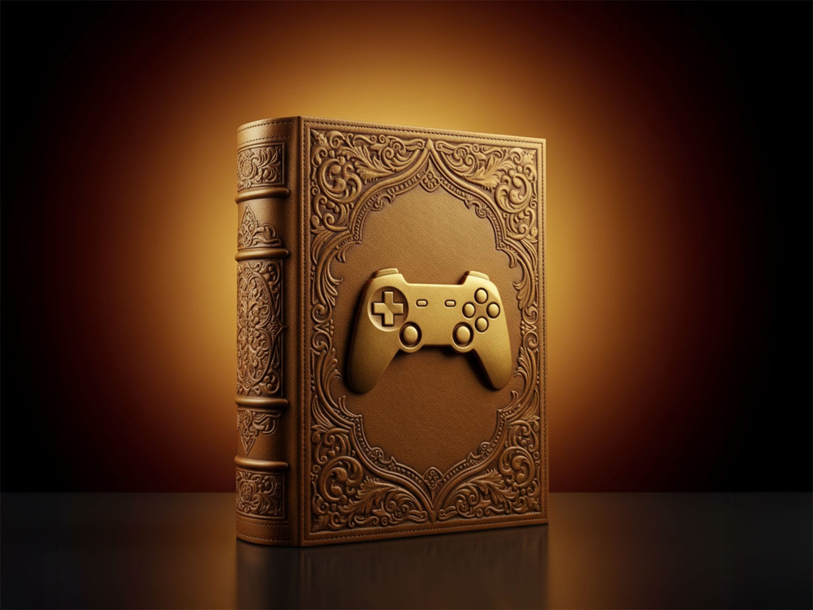 The cover of a golden book with an embellished game controller.