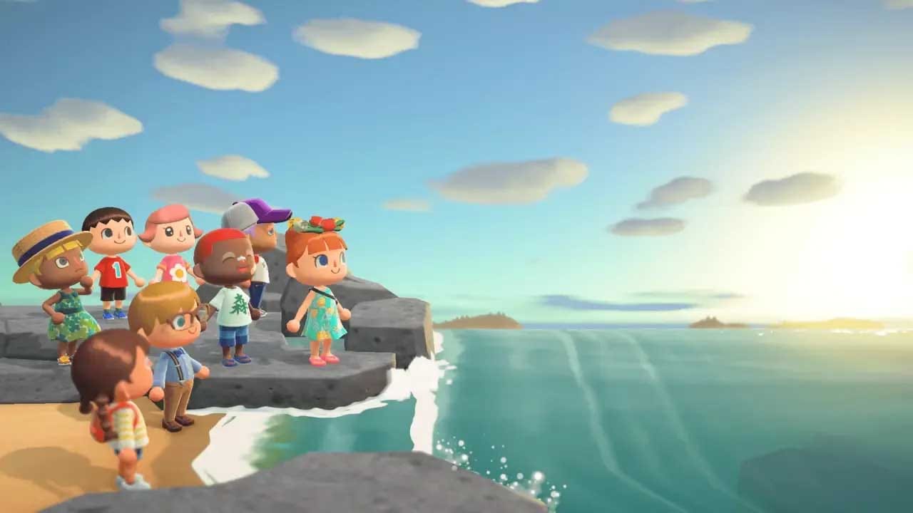 A group of characters standing on a cliff and watching the sunset in the game "Animal Crossing" on Nintendo Switch