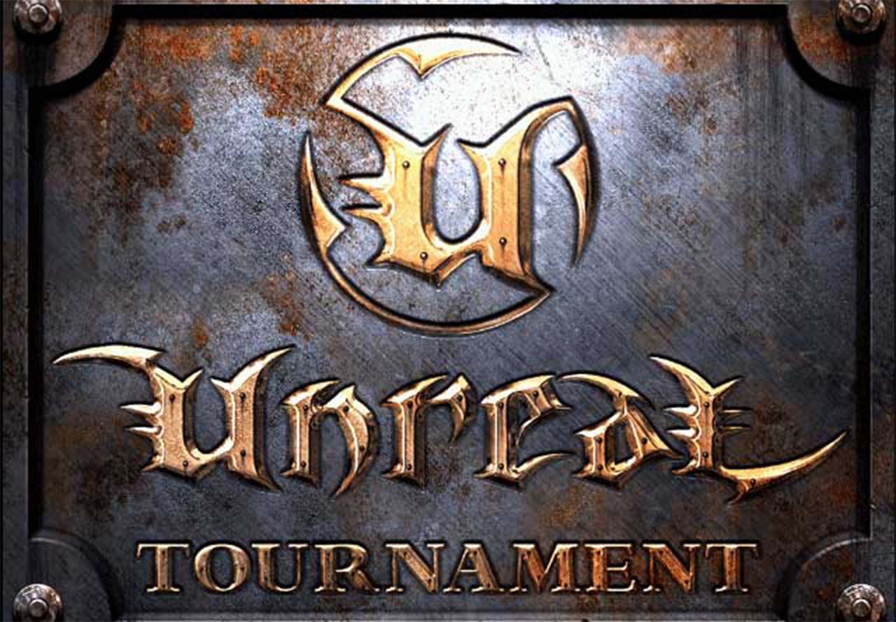 The original Unreal Tournament startup screen showing a rusty metal plate with the letters in gold.