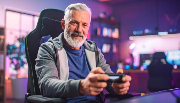 Older gamer with a controller in his hand, sitting on a comfortable gaming chair. The background is illuminated in purple hues and shows a office / gaming room.