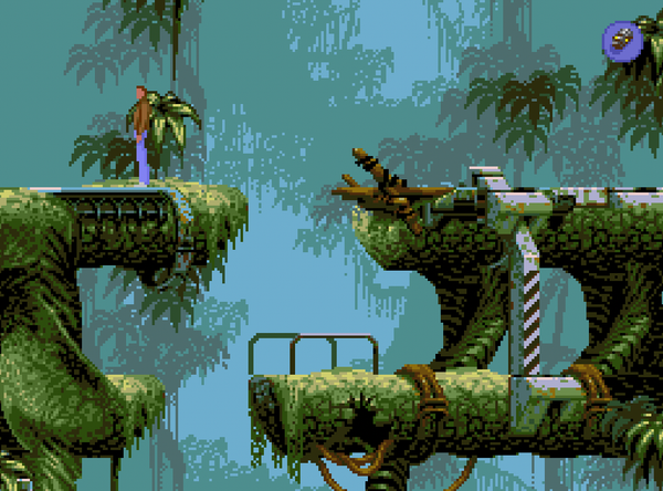 Flashback 1992 screenshot showing pixel art jungle with moss-covered platforms, tropical vegetation, waterfalls, and a character in blue.